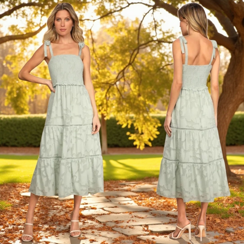Smocked Tie-Strap Midi Dress in Sage Green
